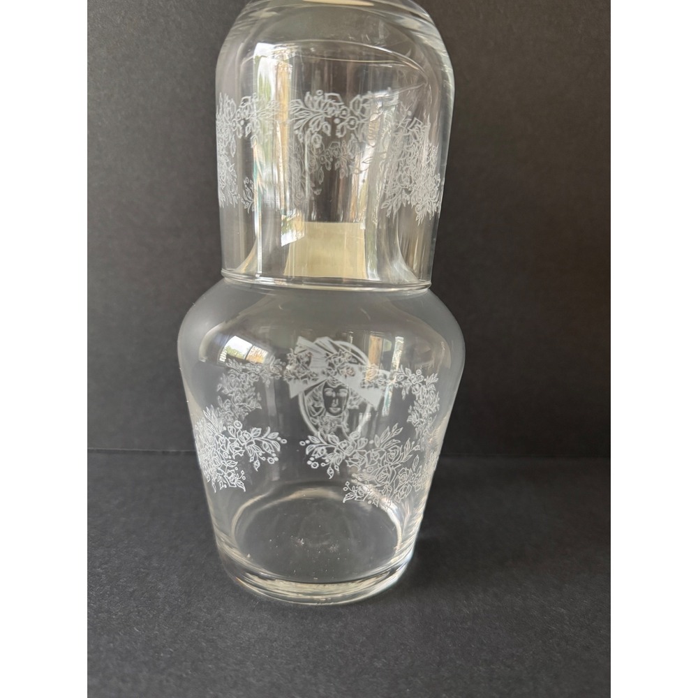 Vintage Bedside Water Carafe and Tumbler Set Etched Floral Victorian Lady Clear